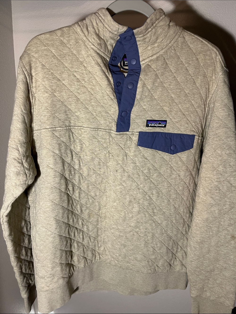 Patagonia Men’s Quilted Crewneck Pullover - Cream with Purple Trim